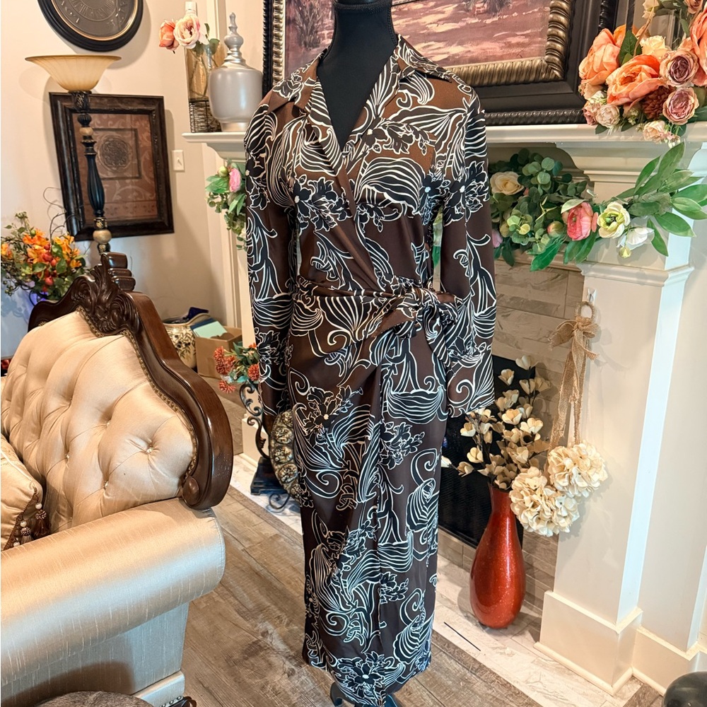 Zara Brown and White Long Sleeve Wrap Dress
